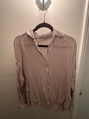 Max Studio Striped Button-Up Shirt in White and Taupe